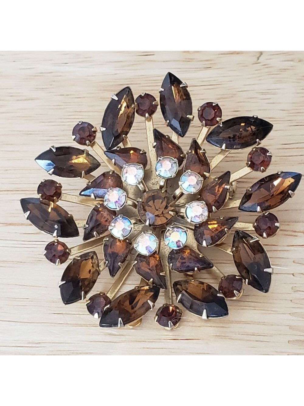 Vintage Brown Rhinestone Starburst Brooch Gold Tone AB Crystal 2.25"